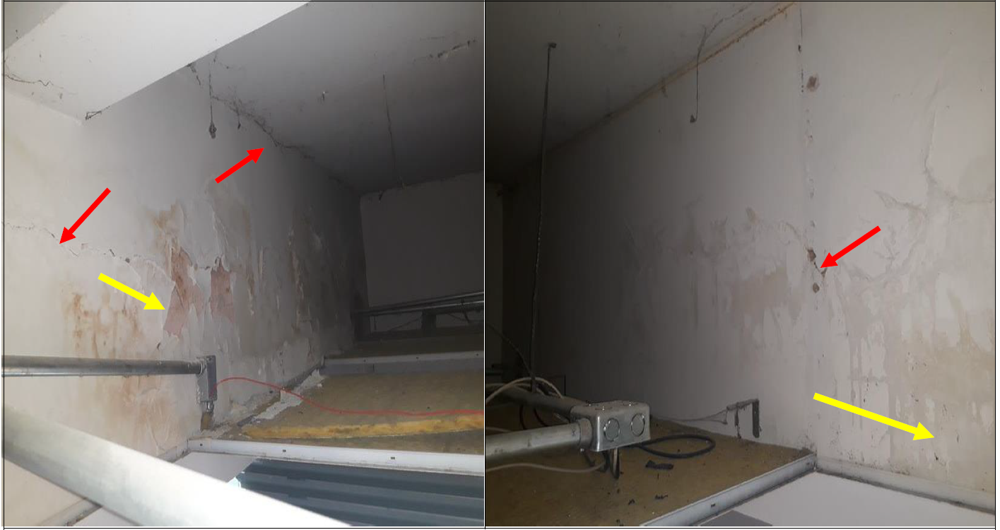Fissuras e marcas de umidade em parede, indicadas por setas coloridas.